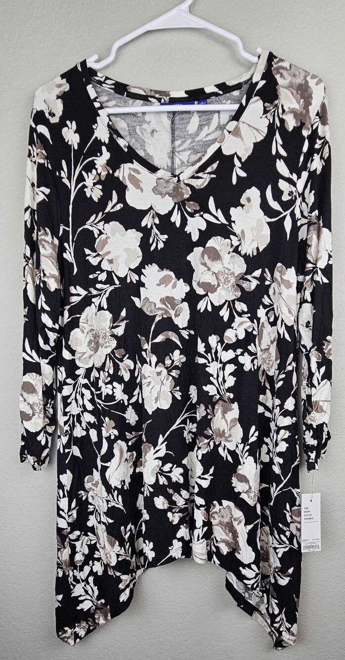 NWT Apt 9 Women's Large Black Floral Shark Bite Tunic Top Shirt